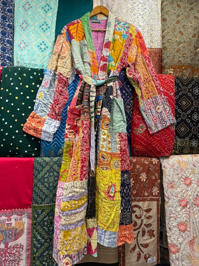 Hand Stitched Kantha Patchwork Robe | Reversible Boho Kimono Jacket image 10
