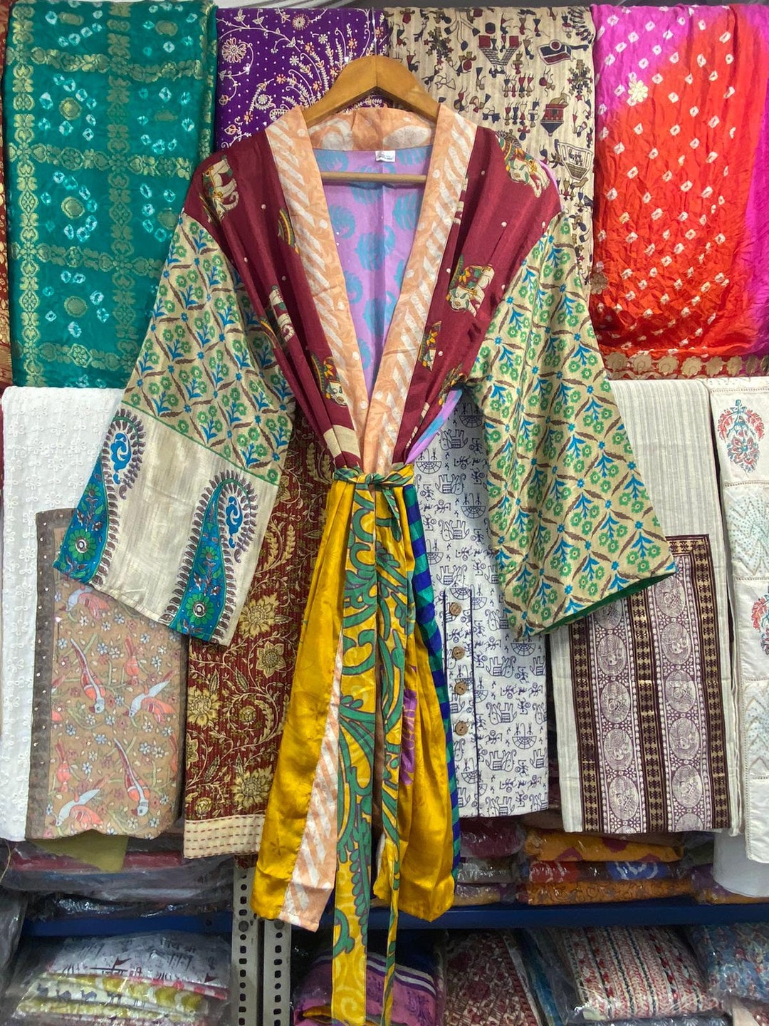 Assorted Silk Patch Work Kimono Robe, Women Silk Robe, Patch Unisex ...