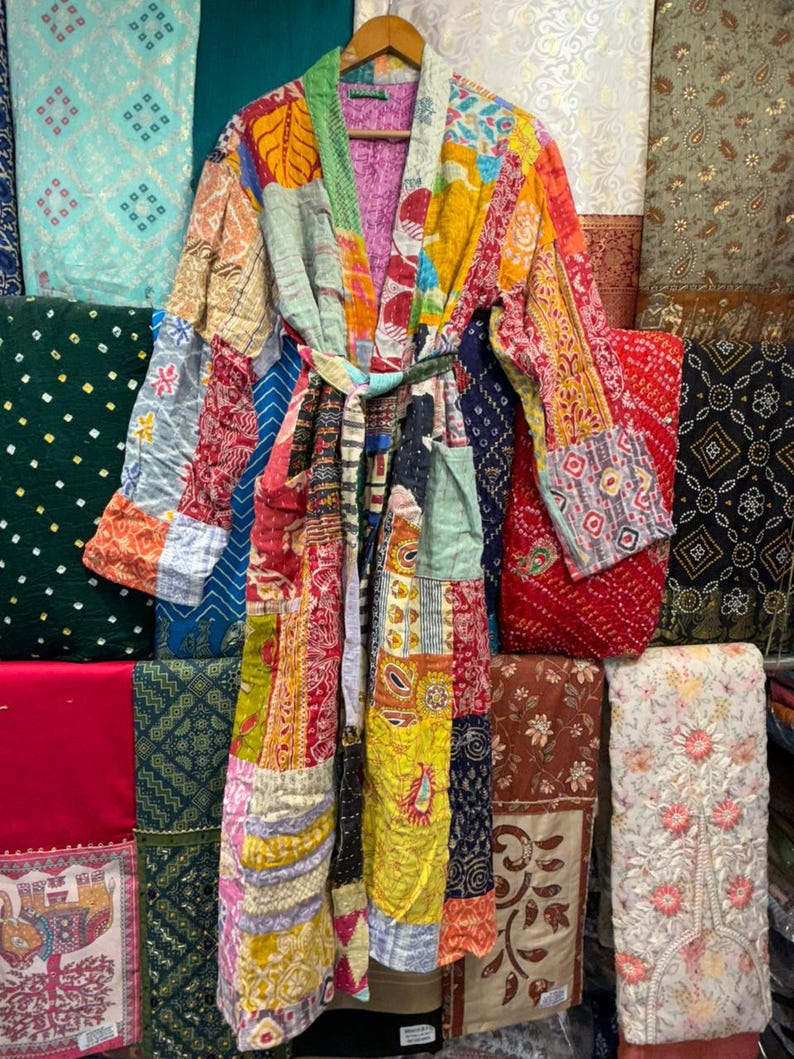 Hand Stitched Kantha Patchwork Robe | Reversible Boho Kimono Jacket image 9