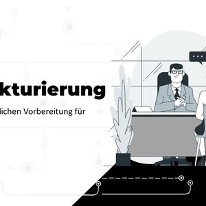 May include: A black and white illustration of a job interview. A person in a suit sits behind a desk with a plant in a pot to the left. A person in a white shirt sits in a chair across from the desk. The text "Restrukturierung" is in bold black letters at the top of the image. The text "Hilfswerk zur fachlichen Vorbereitung für Jobinterviews" is below the title.