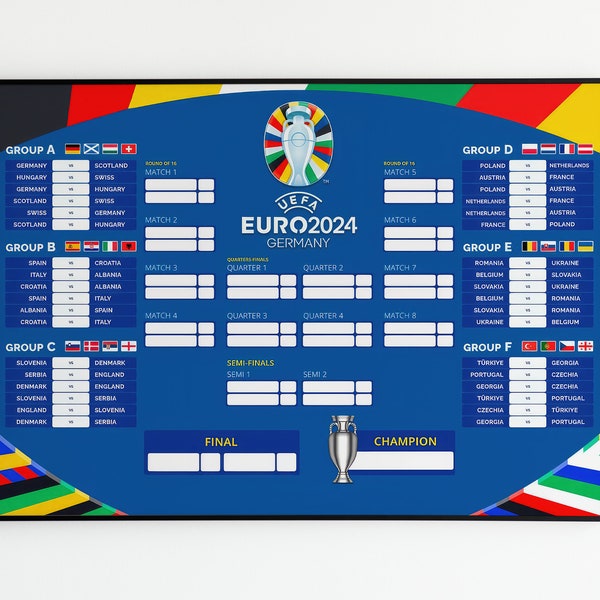 Euro 2024 Cup Schautafel - Spiel, Spiel, Termine, Spielplan, Poster, Fußball, England, Deutschland, Italien, Spanien, Frankreich,