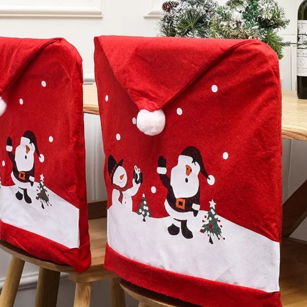 Festive Santa Hat Christmas Chair Covers - Red Santa Claus Dining Chair Decorations for Holiday Dining