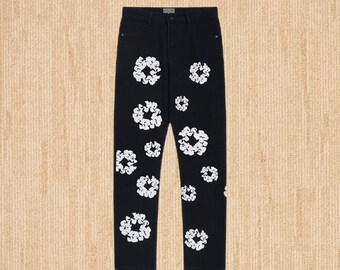 Denim Tears Jeans Denim Tears Pants Denim Tears Trousers Flowers Tears Cotton Printed Hip Hop Style Capris Unisex