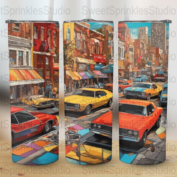 Classic Car 1970s American Supercars with bold lines and timeless charm in a street setting. 20 oz Tumbler Wrap, Instant Download