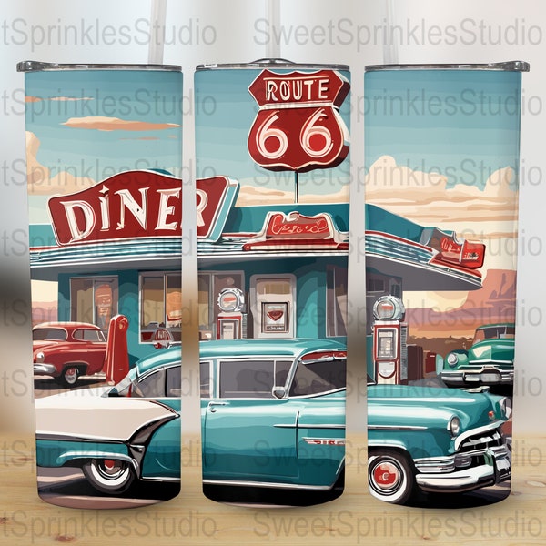 Route 66 Classic car and Diner design. Depicting classic scene of American nostalgia. 20 oz Tumbler Wrap, Tumbler PNG, Instant Download