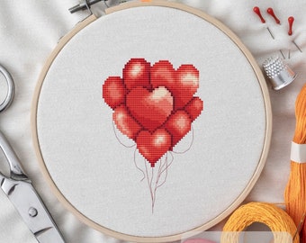 Hearts balloons cross stitch pattern PDF, simple embroidery design, digital download cross-stitch chart