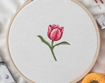 Tulip cross stitch pattern, spring flower cross-stitch embroidery design, digital download PDF file, easy modern x-stitch chart