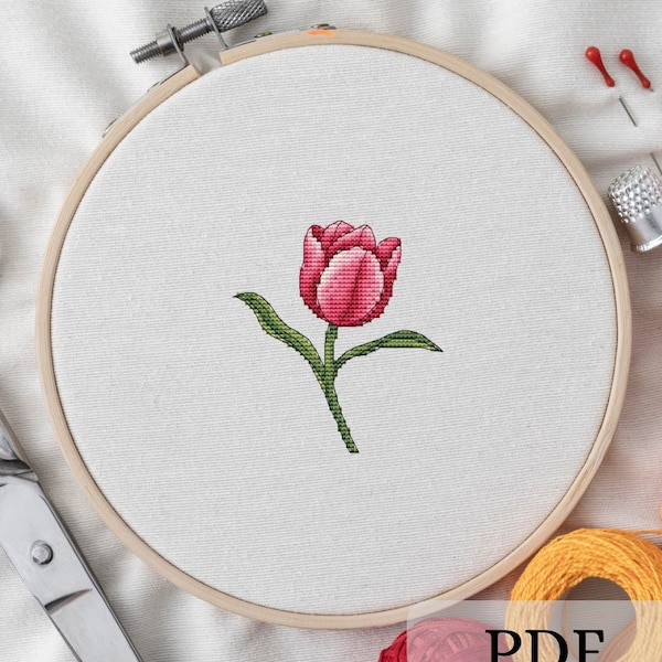 Schema punto croce tulipano, disegno ricamo a punto croce fiore primaverile, file PDF per il download digitale, schema a punto x moderno e semplice