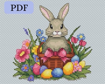 Easter cross stitch pattern "Bunny in a basket" with eggs and spring flowers PDF, modern embroidery design, x-stitch PDF chart