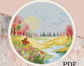 Spring Landscape Cross Stitch Pattern: River & Flowers (PDF)
