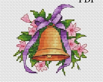 Spring bell cross stitch pattern PDF. Bell with flowers cross-stitch embroidery design, digital download. Simple modern x-stitch chart.
