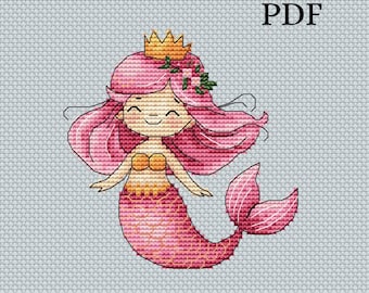 Mermaid Rosie cross stitch pattern PDF, modern marine embroidery design, nice pink mermaid x-stitch pattern