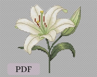 Lily cross stitch pattern, spring flower counted cross-stitch design, digital instant download PDF file.