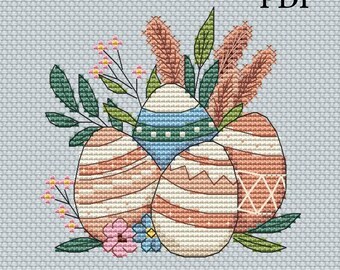 Easter eggs in the grass cross stitch pattern, PDF embroidery design, modern x-stitch spring chart