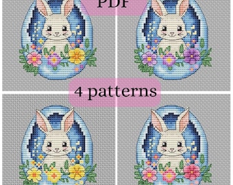 Easter Bunny in Egg cross stitch patterns PDF in four flower's color variations, 4 in 1 cross-stitch designs, digital download PDF file