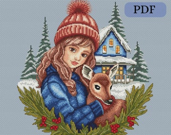 Winter Cross Stitch Pattern: Girl and Deer Embroidery Design (PDF)
