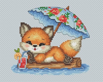 Fox Alice on vacation cross stitch pattern, PDF summer embroidery design, animal cross-stitch pattern, holidays x-stitch modern chart
