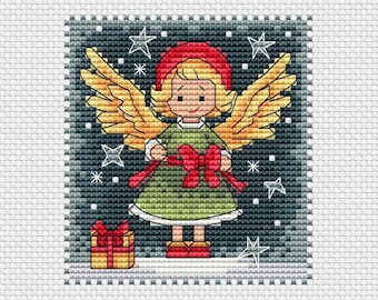 Christmas Angel cross stitch pattern PDF, post stamp New Year cross-stitch desing, modern winter x-stitch embroidery, for plastic canvas