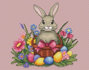 イースターのクロスステッチパターン「バスケットに入ったウサギ」と卵
