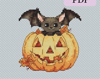 Halloween Bat Cross Stitch Pattern: Pumpkin Embroidery Design (PDF Download
