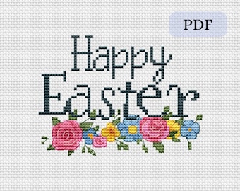 Happy Easter cross stitch pattern PDF, spring flowers cross-stitch chart, digital download PDF file, modern embroidery design