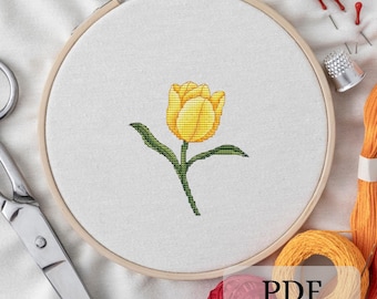 Yellow tulip cross stitch pattern, spring flower cross-stitch embroidery design, digital download PDF file, easy modern x-stitch chart