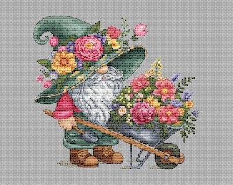 Gnome gardener with flowers cross stitch pattern, nice PDF cross-stitch embroidery design, modern x-stitch chart, spring and summer flower