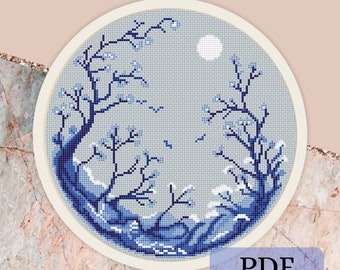Winter Forest Cross Stitch Pattern: Round Landscape Embroidery (PDF)