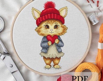 Cat with Heart Cross Stitch Pattern: Valentine's Embroidery (PDF)