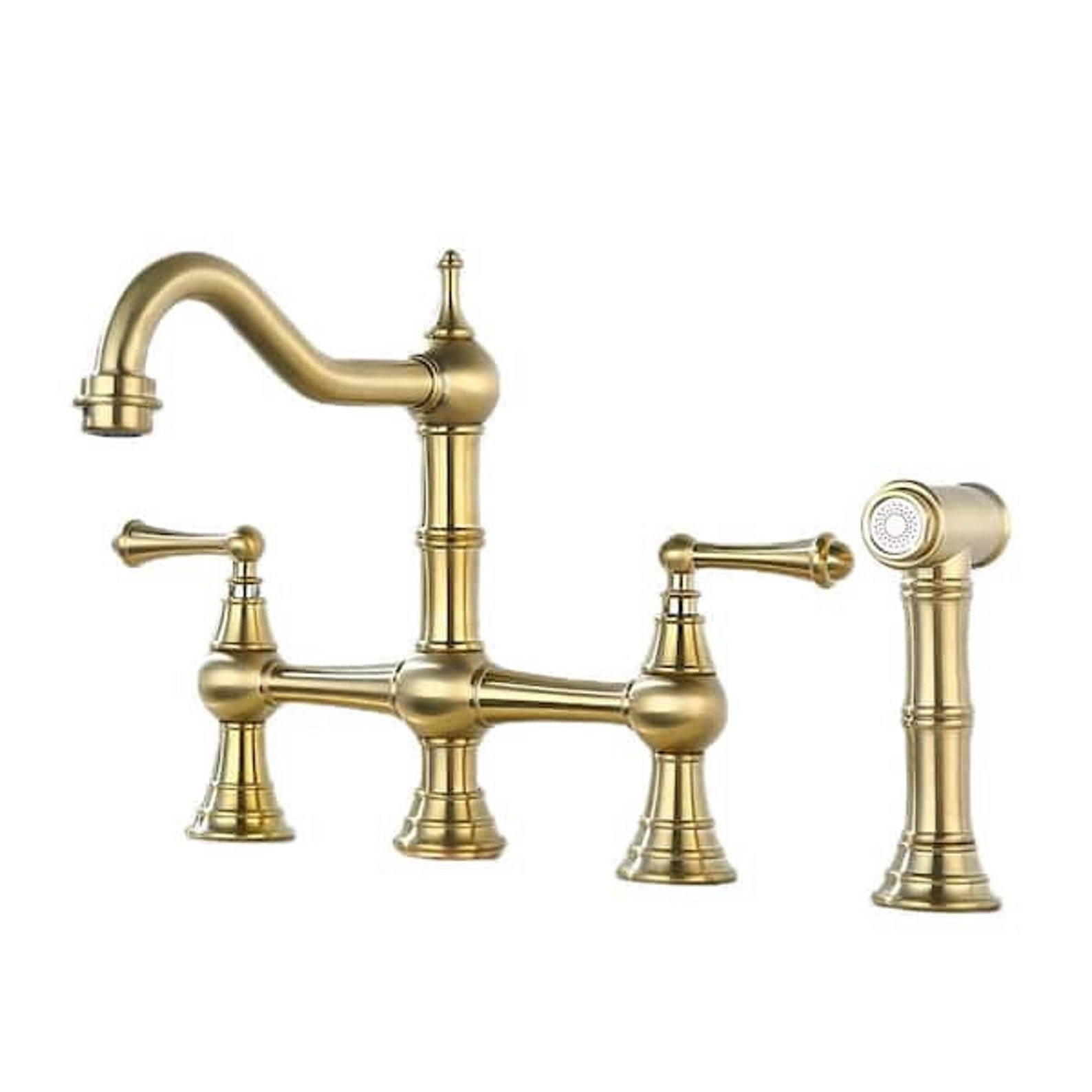 Unlacquered Brass Victorian Bridge Kitchen Faucet With Sprayer and ...