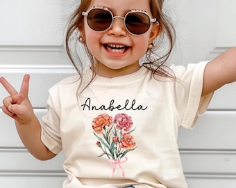 Personalized Flower T-Shirt: Birth Month Floral Shirt, First Day of School Shirts, Christmas Gift for Girls.
