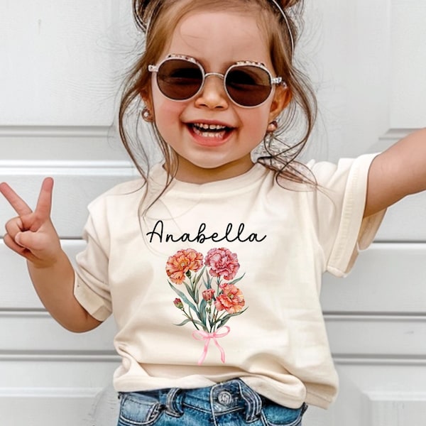 Personalized Girls Flower T-Shirt: Birth Month Floral Shirt, First Day of School Shirts, Christmas Gift for Girls.