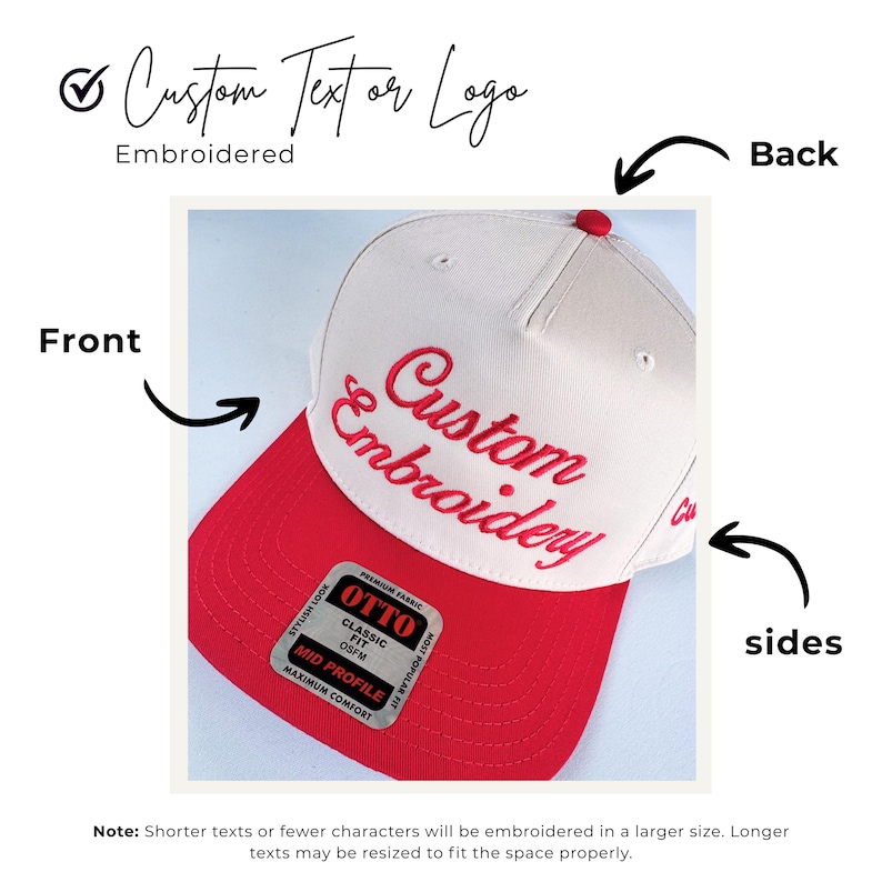 May include: A white and red baseball cap with the words "Custom Embroidery" embroidered in red. The cap has a red brim and a small red button on top. The text "Custom Text or Logo" is above the cap.