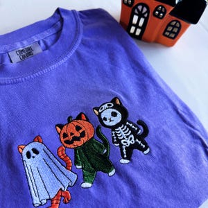 Embroidered Halloween Cat & Ghosts Comfort Colors Shirt: Spooky Fall Crewneck