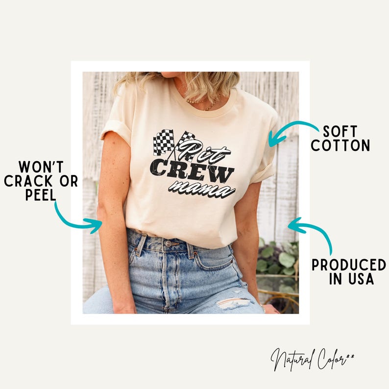 May include: A cream colored t-shirt with a black and white checkered flag graphic and the text "Pit Crew Mama".