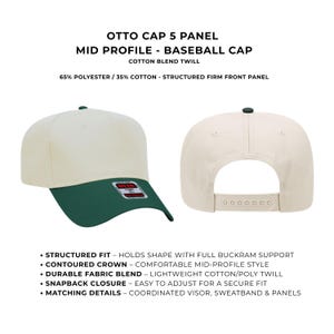 May include: A baseball cap with a cream-colored crown and a dark green bill. The cap has a structured fit and a snapback closure. The text "OTTO CAP 5 PANEL" is visible.
