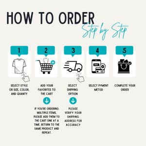 May include: A five-step guide on how to order online. The steps are: 1. Select style, size, color, and quantity. 2. Add your favorites to the cart. 3. Select shipping option. 4. Select payment method. 5. Complete your order.