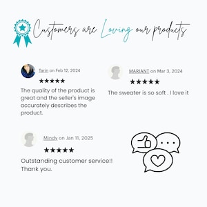 K&ouml;nnte beinhalten: Drei Kundenbewertungen mit f&uuml;nf Sternen und positiven Kommentaren zur Produktqualit&auml;t, zum Kundenservice und zur Weichheit eines Pullovers. Der Text lautet "Customers are Loving our products".