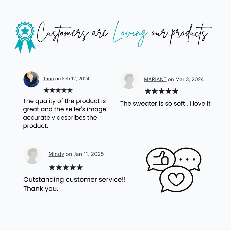 K&ouml;nnte beinhalten: Drei Kundenbewertungen mit f&uuml;nf Sternen und positiven Kommentaren zur Produktqualit&auml;t, zum Kundenservice und zur Weichheit eines Pullovers. Der Text lautet "Customers are Loving our products".