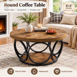 May include: A round coffee table with a wood-grain finish top and a lower shelf, supported by a black metal frame featuring circular accents. The table measures 80 cm in diameter. Text on the image reads Round Coffee Table, Modern Style, Sturdy Build, Timeless Look, Easy to Clean, Waterproof, and Sturdy Frame.