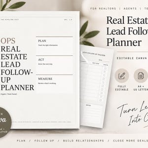 May include: A Real Estate Lead Follow-Up Planner template with black text on a white background. The document includes sections for Plan, Act, and Measure, alongside a Lead Follow-Up Tracker page. It features labels for A4 and US Letter sizes.