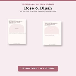 Rose Blush Celebration of Life Template, 8 Page Editable Canva Memorial Newspaper, A4 and US Letter Funeral Program