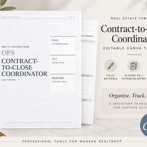 Cuaderno de trabajo para coordinador de transacciones inmobiliarias, planificador de contrato a cierre de 14 páginas en Canva (tamaño A4 y tamaño carta estadounidense).