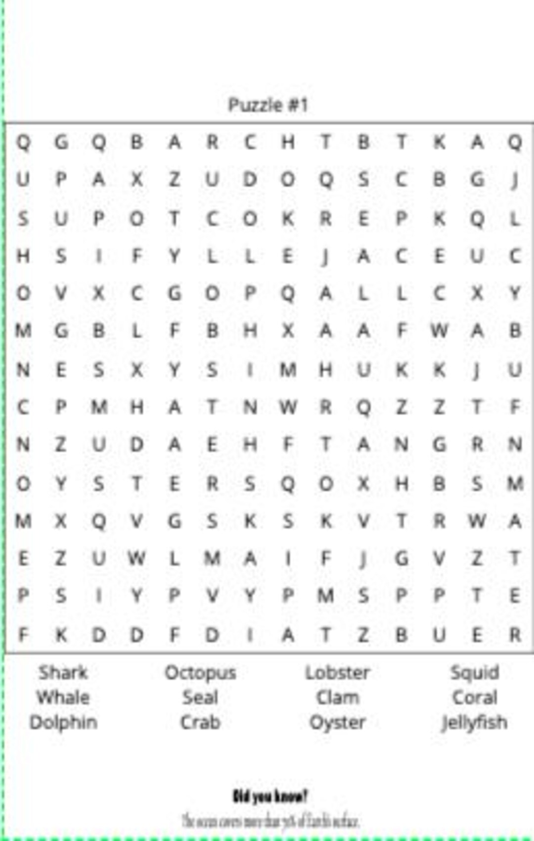Ocean Life Word Search Puzzles – Printable Brain Game for Kids & Adults ...