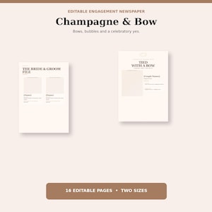 Verlobungs-Zeitungsvorlage mit Champagner-Schleife, 8-seitige, bearbeitbare Canva-Vorlage für Heiratsantragsfeiern, A4 und US Letter