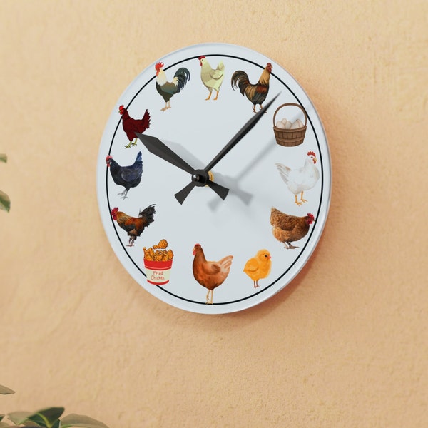 Chicken Acrylic Wall Clock, Chicken lovers clock, chicken decor, Funny gift room decor, clocks, joke wall clocks, farm wall clocks