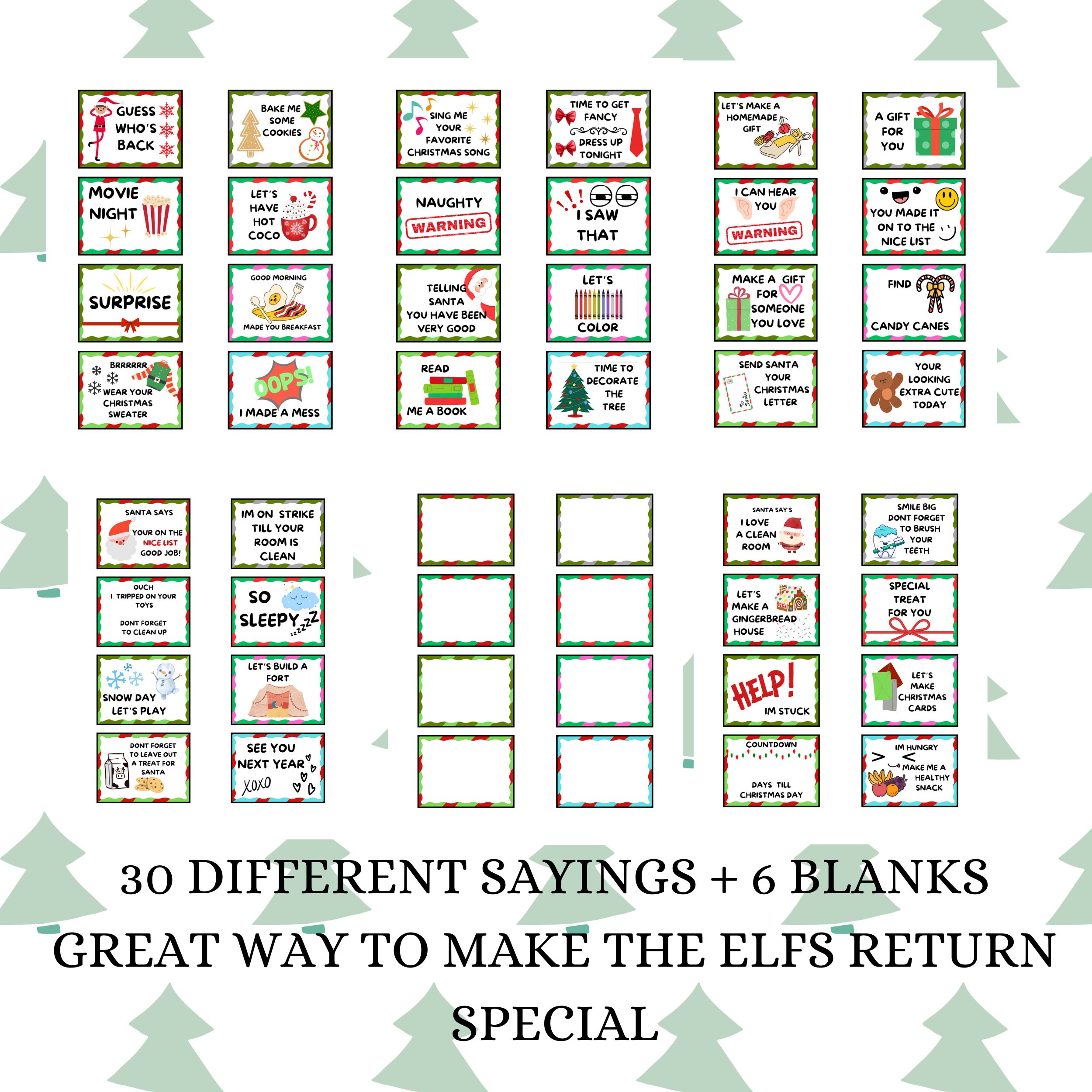 Elf Notes 30 Sayings and 6 Blanks Printable PDF Digital Download, Elf
