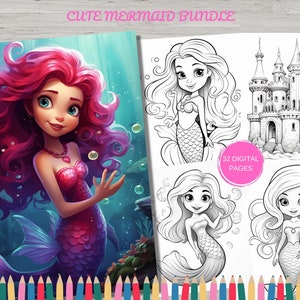 32 Cute Mermaid Coloring Pages - Adult And Kids Coloring Book, Mermaid Castle Coloring Fantasy Coloring Sheets, Instant Download, Printable