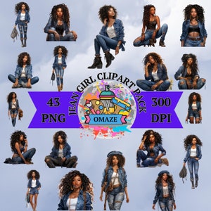 43 Denim girl clipart, Jeans Girl ,Curvy Denim girl clipart, Fashion girl, African American Girl illustration, Afro girls clipart,Black Girl