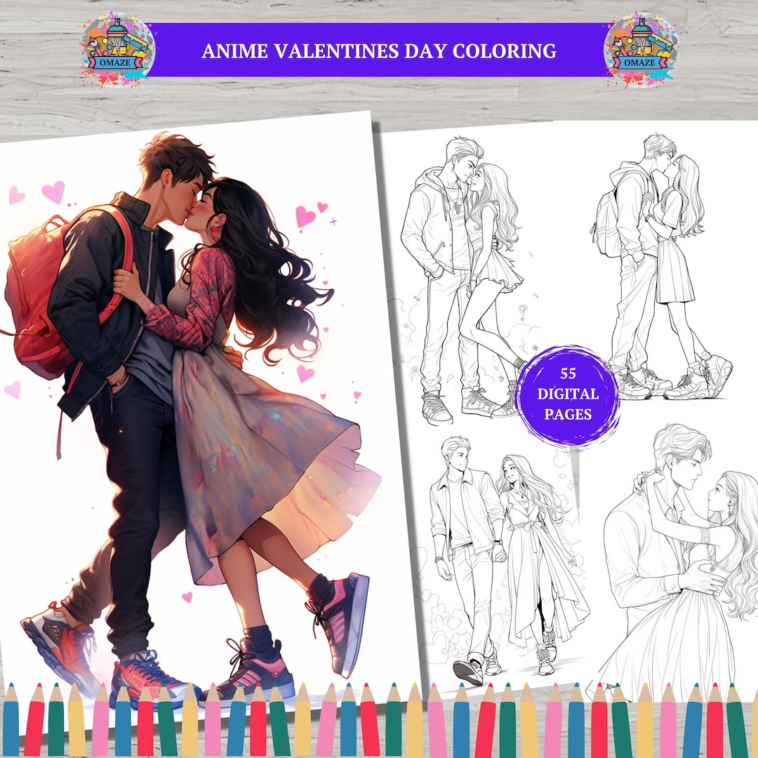 55 Anime Valentines Day Couple Coloring Book, Printable Happy ...